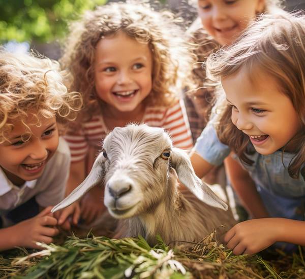 Kinder stehen um eine Ziege herum und streicheln diese