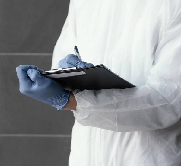 person die eine schutzausrüstung gegen eine biologische gefahr trägt